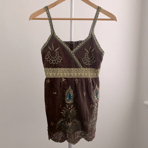 hazel Tops - Hazel Brown Boho Beaded Sequin Lace Top Size M